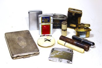 Lot Of 11 Vintage Cigarette Lighters And Compact Case Including Zippo