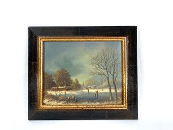 Original Impressionist Oil On Masonite - A Frozen Pond With A Group Of Londonites - Artist Signed