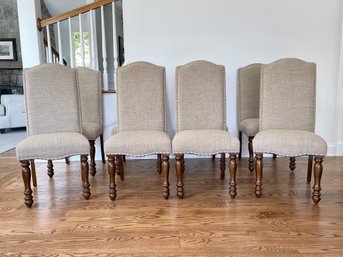Set Of 8 Camelback Dining Chairs With Turned Legs And Nailhead Trim