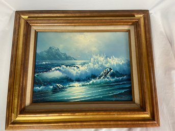 Original Waterscape Painting Signed Crashing Ocean Waves 23x19in
