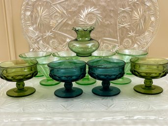 Vintage Acrylic Serving Trays And Colored Glass Ware