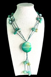Amazing Large Jade Green Color Chunky Corded Necklace With Large Round Pendant