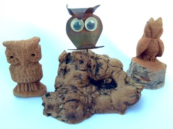LOT OF THREE VINTAGE OWL FIGURINES: Hand Carved Wood And 1970s Copper With Googly Plastic Eyes, Small Sizes