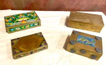 Lot Of Four Vintage Chinese Brass And Enamel Containers
