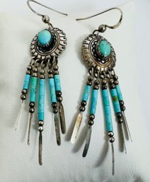 VINTAGE SIGNED QT NATIVE AMERICAN STERLING SILVER TURQUOISE DANGLE EARRINGS