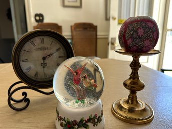 Musical Bird Snow Globe (works) Brass Candleholder & Candle, Table Top Clock