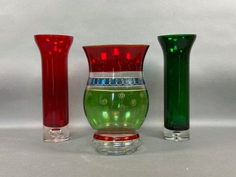 Three Festive Glass Vessels In Bright Tones #3