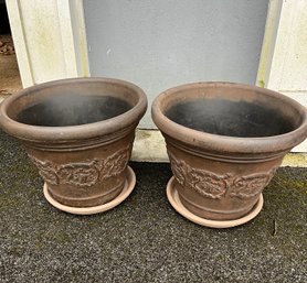 Pair Of Faux Stone Planters With Clay Underplates