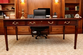 Partner's Tooled Black Leather Top  Mahogany 6-Drawer Desk