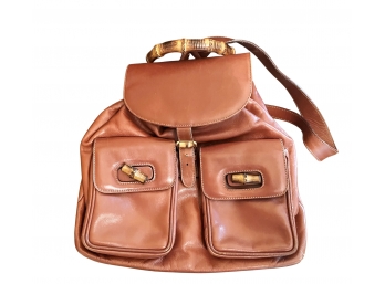 Gucci Brown Bamboo Drawstring Leather Backpack - Made In Italy