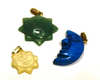 Lot Of Three Carved Stone Moon And Sun Pendants Jade, Crystal, Etc.