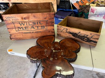 Antique's - Borden's Wood Milk Advertising Shoe Shine Crate  40s-wilsil Meats Crate 50s- 1960s Tree Clock