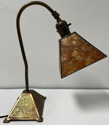 Small Desk Boudoir Lamp - Brass Metal Base -Mica Shade - 13 H X 11 X 6