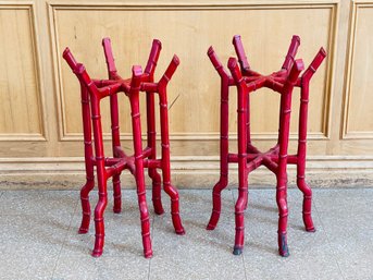 A Pair Of Vintage Red Coral Faux Bamboo Plant Stands / Tables