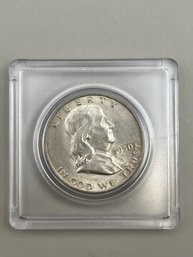 1950-D Benjamin Franklin Silver Half Dollar In Plastic Case