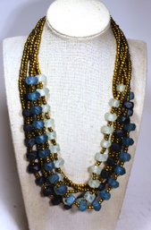 Multi Strand Glass Beaded Necklace Sea Glass Shades Of Blue W Gold Tone Beads