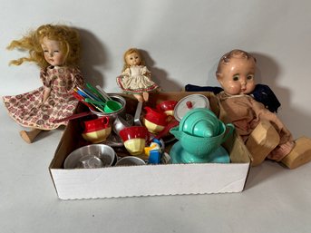 3 ANTIQUE DOLLS AND A LOT OF VINTAGE DOLL FURNITURE