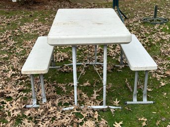 A Great Little Folding Picnic Table & Two Benches In White Plastic