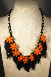 Vintage 1920s Art Deco Black And Orange Plastic Necklace Leaves Flowers 16' Long