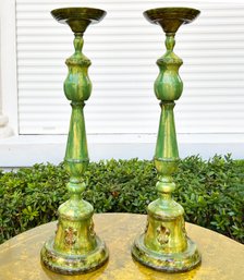 A Pair Of Large Tole Painted Metal Candlesticks