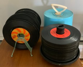 Vintage Lot Of 45 Records ~ Large Lot ~vintage Disk Case & 45 Rack