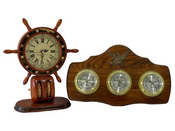 Vintage Verichrorn Wall Mount Weather Station W/Eagle & Ships Wheel Table Top Clock (battery Operated)