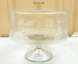 A Delightful Vintage Etched Glass Cake Tray And Cloche