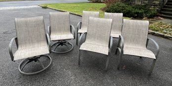 Set Of 6 Outdoor Aluminum And Mesh Dining Chairs - 4 Slingback Side Chairs And 2 Swivel