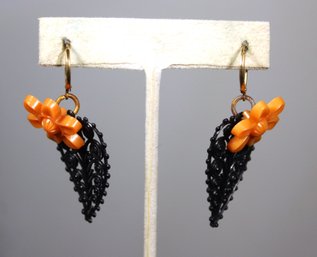 Vintage Art Deco Plastic Pierced Earrings Black And Orange