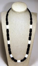 1960s Flat Black And White Glass Beaded Necklace 24' Long