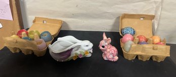 Easter Treasure Lot Of Eggs Candles, Rabbit Bunny Planter Bowl & Multicolor Rabbit. BS/A3