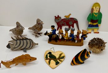 10 Vintage International Folk Art Figurines: Mexican Procession, Real Blowfish, Fish, Birds & More