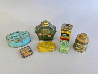 Lot Of 7 Small Antique Tins Including Peacock Blue Inkwell