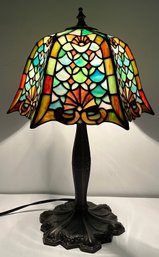 Vintage Tiffany Style Table Lamp - Colorful Slag Glass - Hexagon Shade - Triple K Metal Products - 18 Inches H