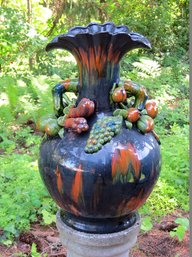 Large Pottery Vase With Applied Fruit In Bright Colored Glazes On A Black Base Glaze