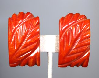 Pair Converted Dress Clip Art Deco Bakelite Plastic Red Earrings Ear Clips