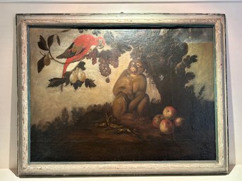 Gorgeous Antique Large Still Life With Monkeys And Birds (L)