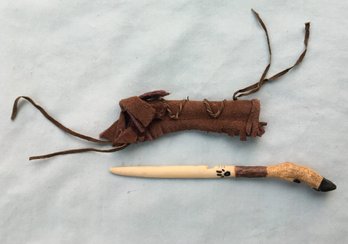 Vintage Southwestern Navajo Indian Carved Deer Hoof Fishing Sewing Weaving Utility Knife & Sheath