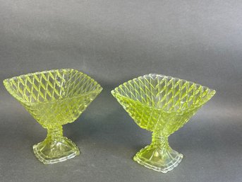 Two Vintage Diamond Star Green Glass Square & Flare Footed Stands