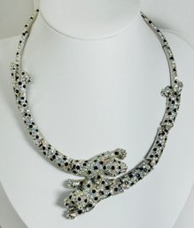 GREEN EYED DOUBLE LEOPARD SILVER TONE RHINESTONE NECKLACE
