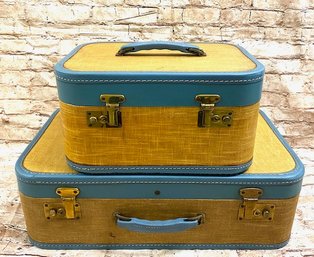 Pair Of Vintage Straw Mat Style Hard Sided Luggage W/ Sky Blue Trim