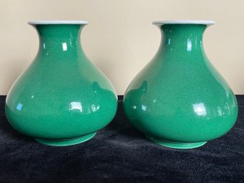 Pair Of Chinese Qing Dynasty Crackle Green Glazed Vases