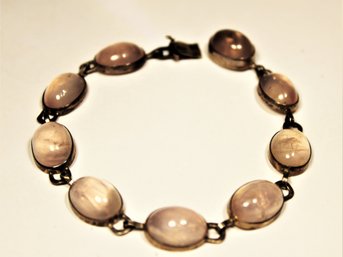 Vintage Sterling Silver Rose Quartz Cabochon Link Bracelet