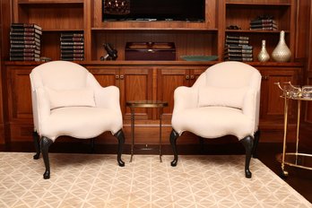 Set Of 2 Ivory Cushioned Serpentine Arm Chairs With Cabriole Legs  And Brass Round Side Table