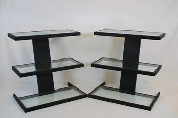 Pair Of Black Metal & Glass 3 Tier Display Shelves