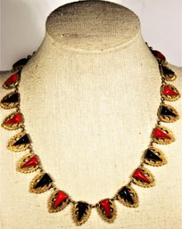 GREAT Art Deco Gilt Brass And Black And Red Glass Czech. Choker Necklace