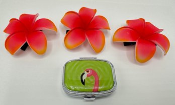 3 New Foam Flower Hair Clips Purchased At Four Seasons Hotel, Maui & Metal Flamingo Pill Box
