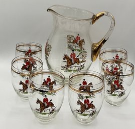 Vintage Fox Hunt Pitcher & 6 Glasses