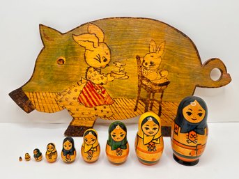 Vintage Russian Nesting Dolls & Russian Hand Painted Pig Wall Art