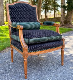 A Vintage Directoire Fauteuil With Custom Bolster Patterned Velvet Upholstery